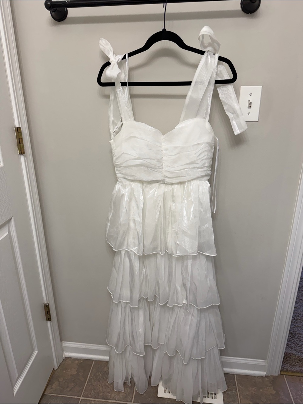 Lulu's White Tiered Ruffle Wedding Dress with Tie Straps